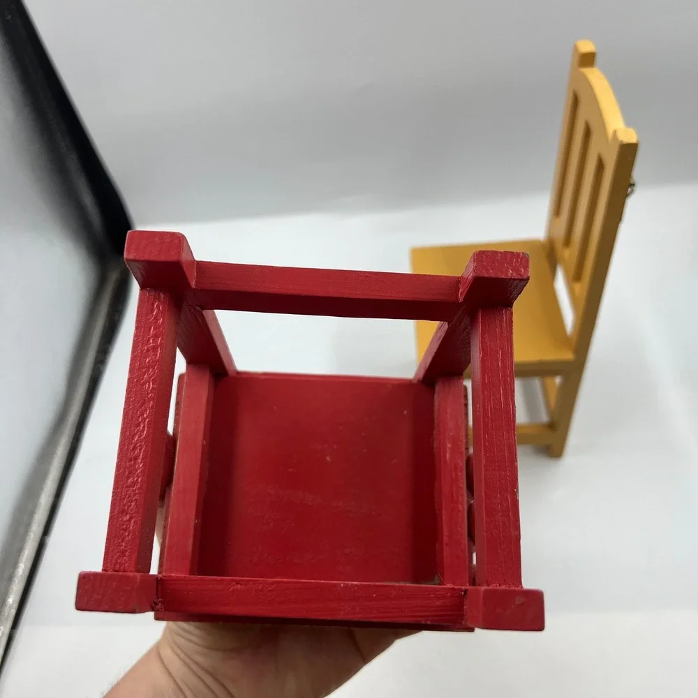 Vintage Red Mustard Wooden Chair Wall Shelves Set Folk Art Nursery Decor 10in